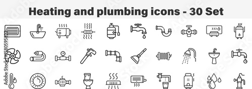 Heating and plumbing icons 30 Set. Line Art Icon Collection. Editable Stroke. Vector Illustration