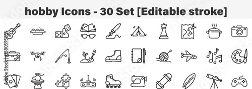 hobby icons 30 Set. Line Art Icon Collection. Editable Stroke. Vector Illustration