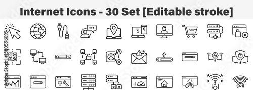 Internet icons  30 Set. Line Art Icon Collection. Editable Stroke. Vector Illustration