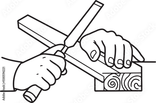 Handcrafted woodworking process depicting detailed chisel and wood block vector illustration