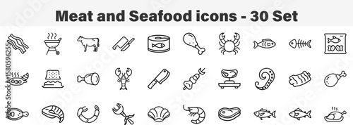 Meat and Seafood icons 30 Set. Line Art Icon Collection. Editable Stroke. Vector Illustration