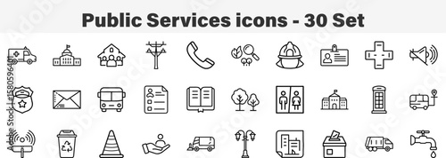Public Services icons 30 Set. Line Art Icon Collection. Editable Stroke. Vector Illustration