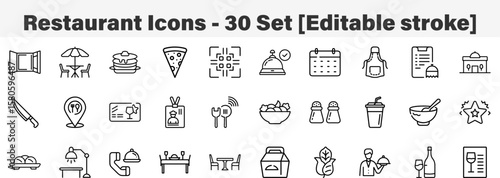 Restaurant icons  30 Set. Line Art Icon Collection. Editable Stroke. Vector Illustration