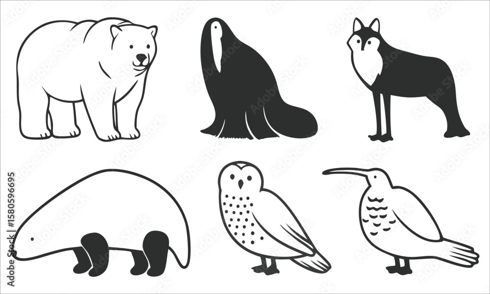 Fototapeta premium Arctic animals collection polar bear walrus