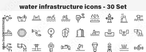 water infrastructure icons 30 Set. Line Art Icon Collection. Editable Stroke. Vector Illustration