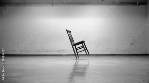 A black and white photograph of a wooden chair seemingly levitating in an empty room