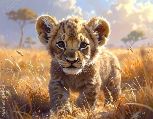 Urocze słoniątko z wielkimi, ciekawskimi oczami, stojące przy matce w ciepłym świetle zachodzącego słońca. W tle rozciąga się sawanna – złote trawy, rozrzucone akacje i zamglone horyzonty. Emocjonalna