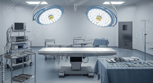 Overhead LED surgical lamps shining above the operating table