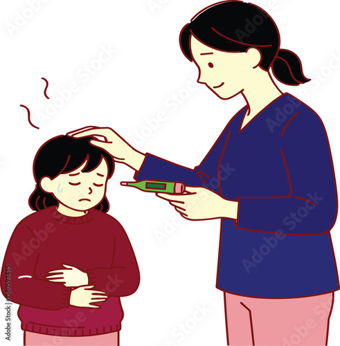 Mother checking child’s fever with digital thermometer, home healthcare, parental care, medical attention, family illness monitoring, safe home treatment