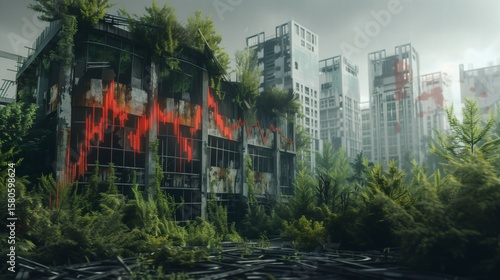 Overgrown buildings with a declining chart. Nature reclaiming an abandoned urban landscape. Economic downturn in a decaying city. Red financial graph on a derelict building.