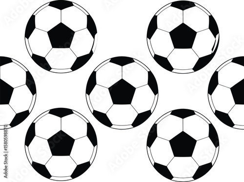 A pattern of classic black and white soccer balls on a white background