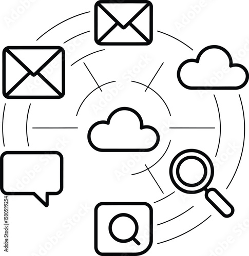 Digital communication and data flow network with cloud and search icons