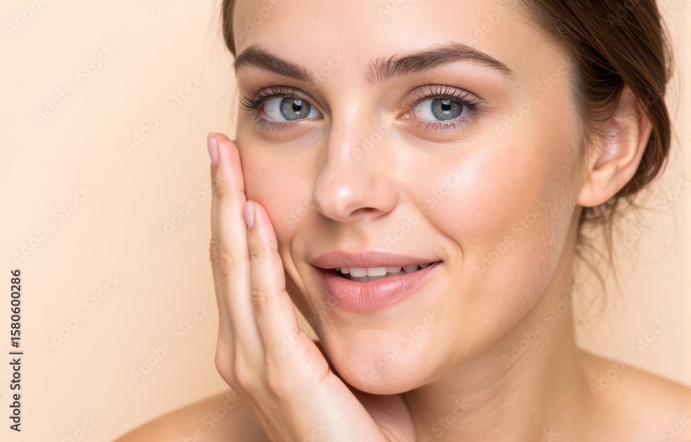 Happy young woman touching her soft skin after using moisturizing cream. Concept for skincare routine and facial hydration treatment Happy young woman touching her soft skin after using moisturizing cream. Concept for skincare routine and facial hydration treatment