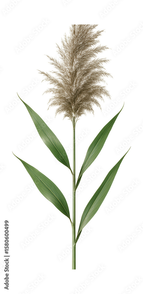 Obraz premium Common reed stem with feathery panicle and slender, elongated leaves