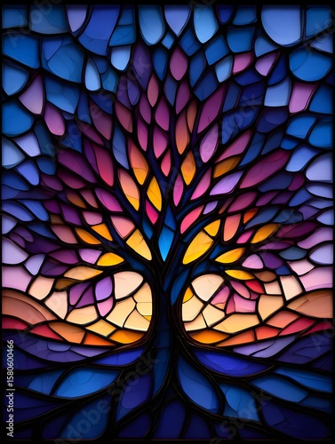 Stained glass tree of life art colorful mosaic panel wall decor tree illustration