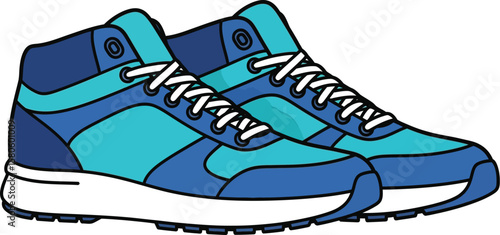 Pair of blue sneakers with white laces, footwear for sports and casual wear.
