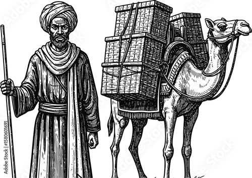 Vintage illustration shows a man with a camel carrying goods.