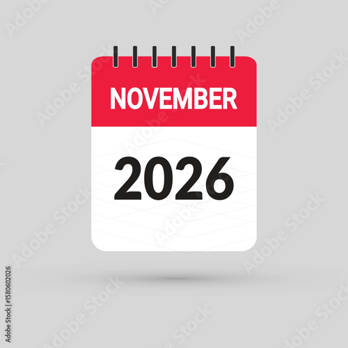 November 2026 Calendar Icon in flat design style on blank background