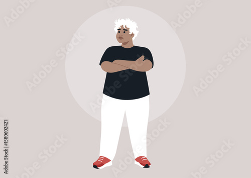 A bold plus size model with short hair stands confidently, arms crossed, dressed in contemporary casual wear that emphasizes expression and individuality in a chic, simple backdrop