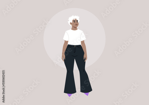 A plus size short hair model stands proudly, displaying a stylish outfit that reflects modern trends, The background is soft and neutral, enhancing the focus on the vibrant look