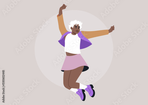 Energetic plus size short hair model expresses joy and confidence through stylish outfits while joyfully dancing against a pastel backdrop, showcasing individuality and grace