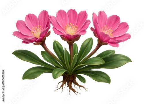 Bitterroot with pink, cup-shaped flowers and succulent, fleshy leaves