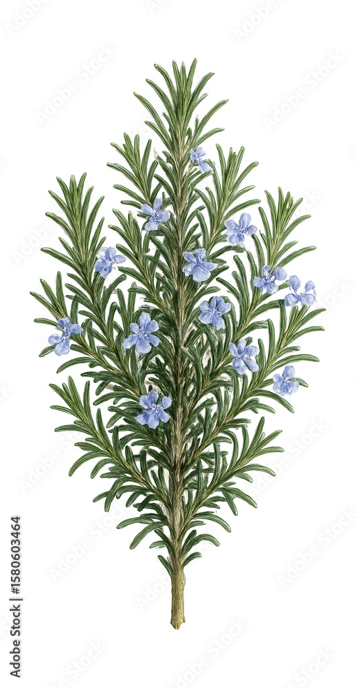 Fototapeta premium Mature rosemary shrub with narrow, needle-like leaves and small blue flowers