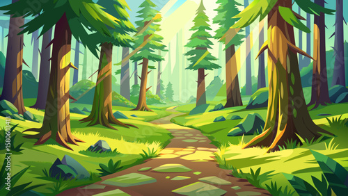 Sunny green mossy woodland ground with conifer trees. Flying forward along bright forest floors.