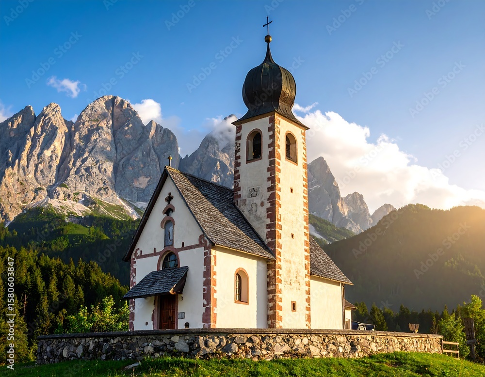 Fototapeta premium Alpine chapel at sunrise