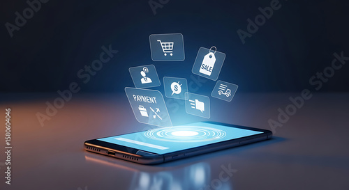 Wallpaper Mural A smartphone displays holographic icons representing online shopping and digital services. Torontodigital.ca