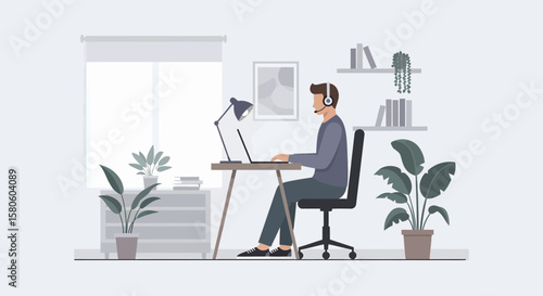 Focused Worker in a Modern Home Office Setting with Plants.
