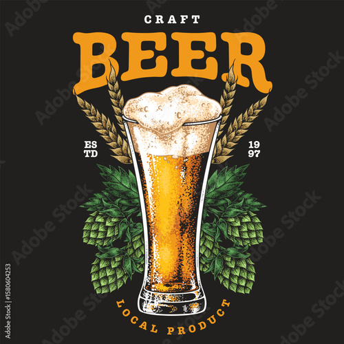Craft beer with hops and barley elements displayed