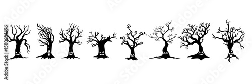 Scary trees, a symbol of Halloween. Trees without leaves, dark gloomy silhouettes