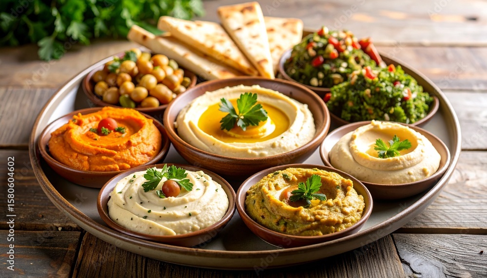 Elevated Lebanese Mezze Plate with Hummus Quenelle, Tabbouleh Stack and Baba Ganoush Detail Elevated Lebanese Mezze Plate with Hummus Quenelle, Tabbouleh Stack and Baba Ganoush Detail