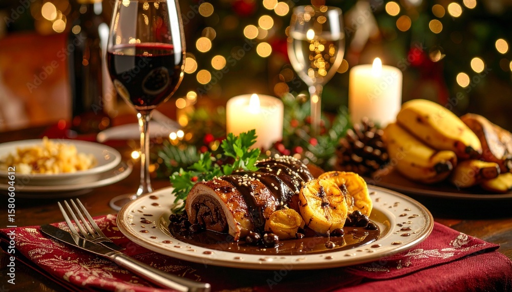 Upscale Mexican Mole Presentation Featuring Chicken Roulade, Artistic Mole Swirl, and Roasted Plantain Chips on Elegant Plate