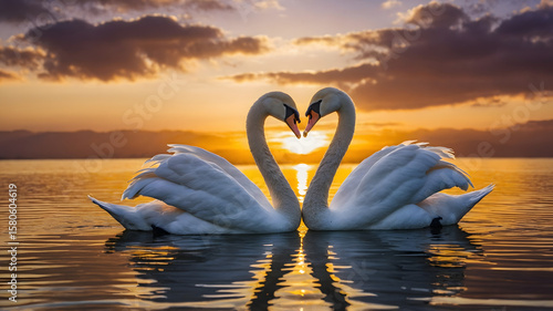 Fototapeta Naklejka Na Ścianę i Meble -  Two swans making a heart, Sunset landscape