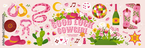 Good Luck Cowgirl! Vector illustration with cowgirl elements in country style. Hat, boots, horseshoe, snake, disco ball and flowers for western poster, card, girly or fun icons. Trendy art.