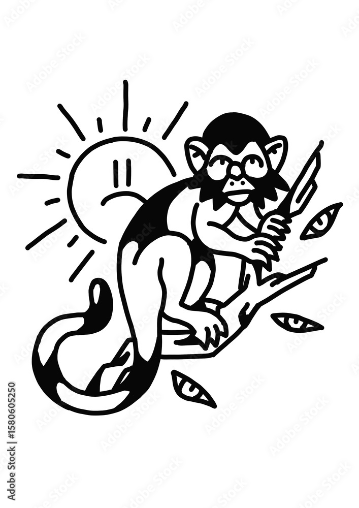 Monkey on branch cutting leaves, with a sad sun illustration Monkey on branch cutting leaves, with a sad sun illustration