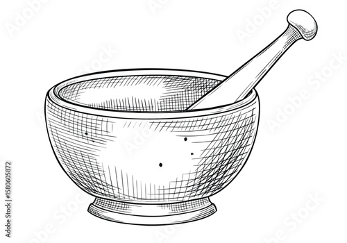Vector illustration of a Mortar and Pestle for culinary or herbal medicine designs. Outline black drawing for spice labels, natural remedy branding, or botanical kitchen products. Linear art.