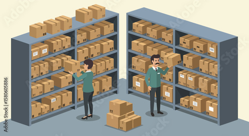 Isometric warehouse scene with workers stocking shelves full of cardboard boxes.