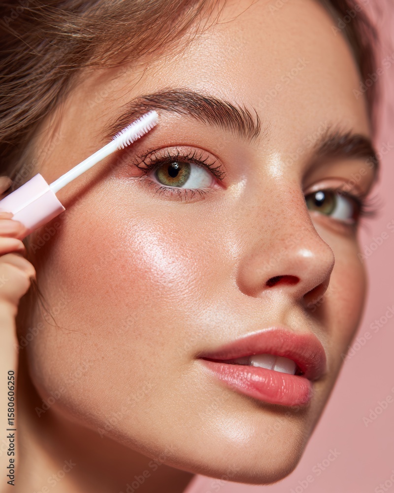 Naklejka premium Closeup of a young woman using brow gel smooth radiant skin natural beauty look soft lighting isolated on a pastel background premium cosmetic photography