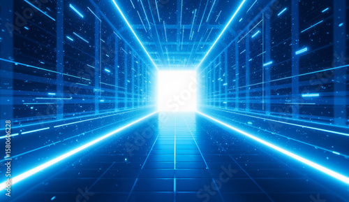 Wallpaper Mural Futuristic Blue Corridor with Illuminated Lines and Bright Light at the End Torontodigital.ca