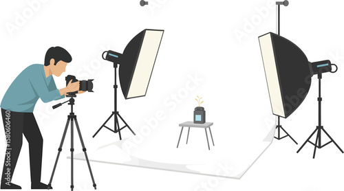 Professional Photographer in Studio Setting with Lighting Equipment.