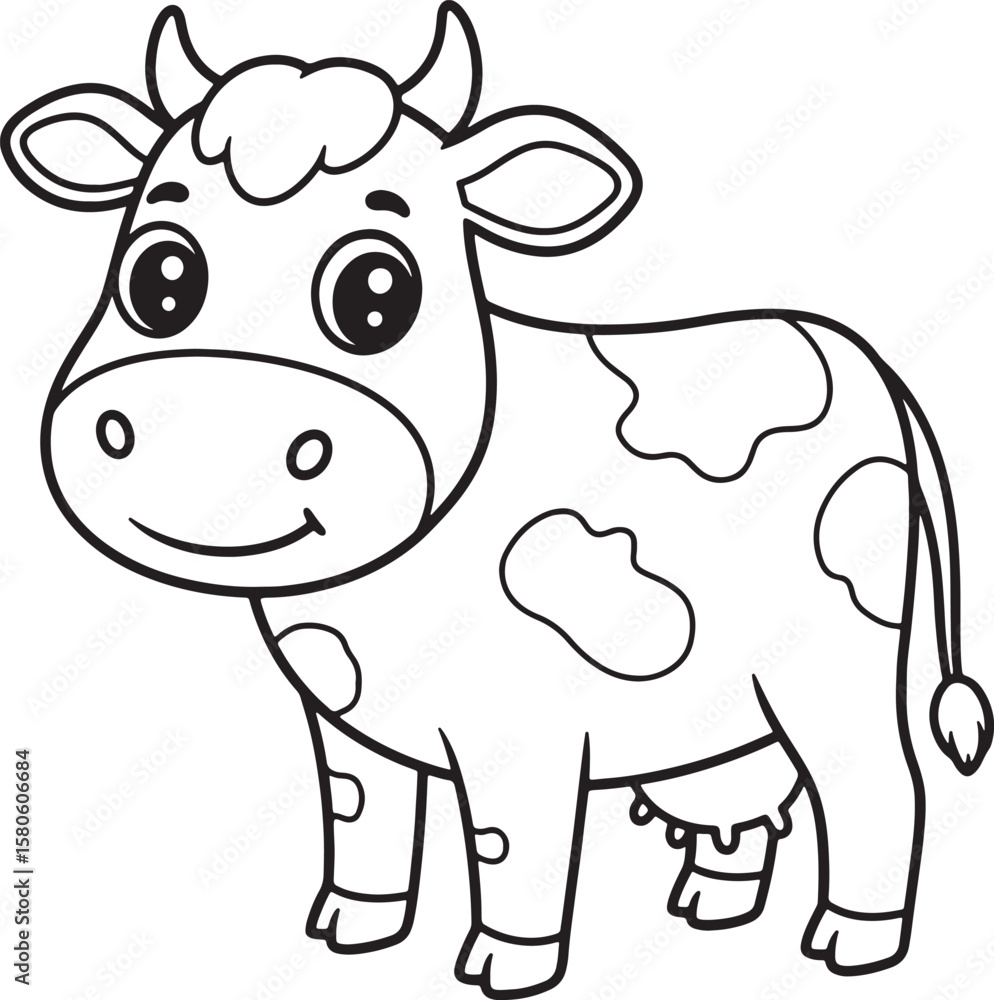 Fototapeta premium Adorable cartoon cow illustration black and white vector art for coloring and children's educational materials