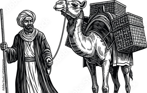 Middle Eastern man leads a camel carrying baskets in a vintage illustration.