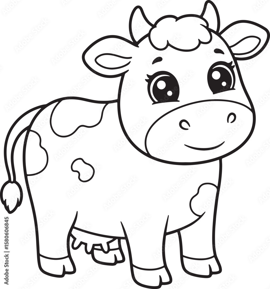 Fototapeta premium Adorable cartoon cow illustration with black outlines perfect for coloring books and designs
