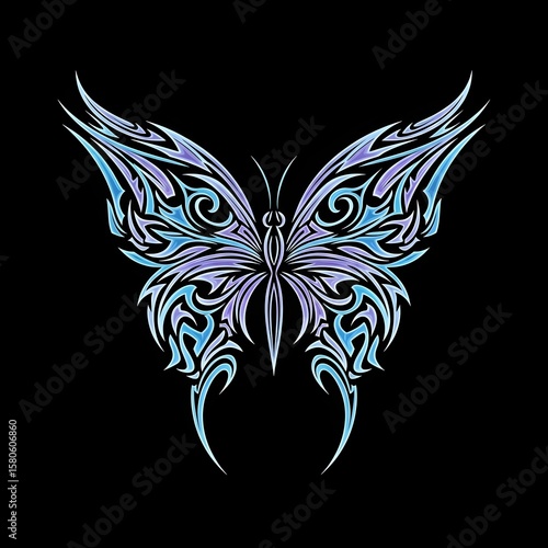 Intricate blue tribal butterfly design featuring symmetrical flame-style wings on a solid black background, perfect for tattoos, digital art, visual decor, or vector logos