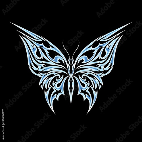Intricate blue tribal butterfly design featuring symmetrical flame-style wings on a solid black background, perfect for tattoos, digital art, visual decor, or vector logos