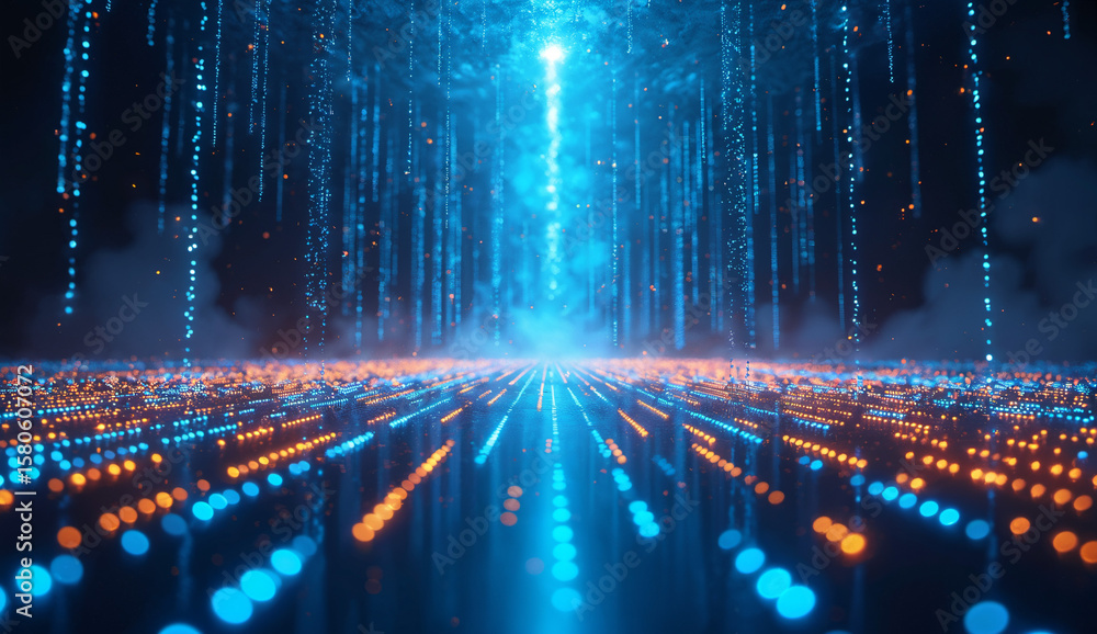 Obraz premium Digital Data Stream with Blue and Orange Lights in a Futuristic Setting
