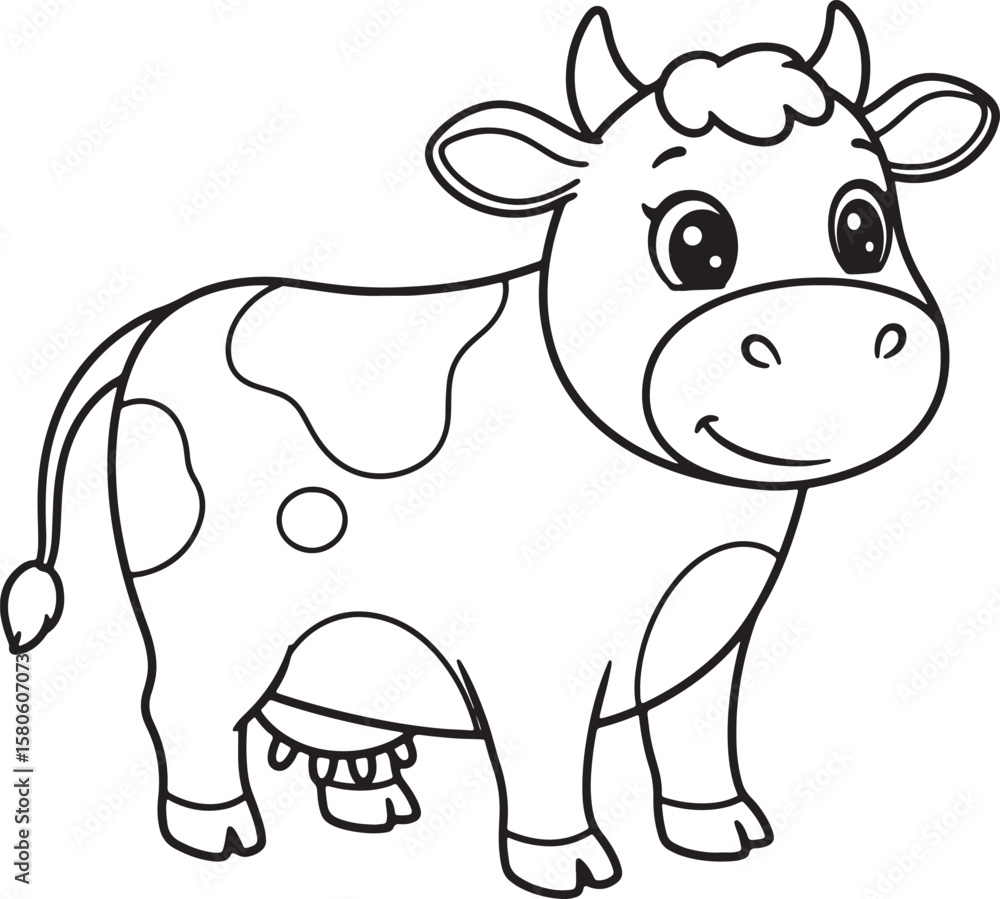 Adorable cartoon cow in black and white for coloring pages or children's book illustrations Adorable cartoon cow in black and white for coloring pages or children's book illustrations